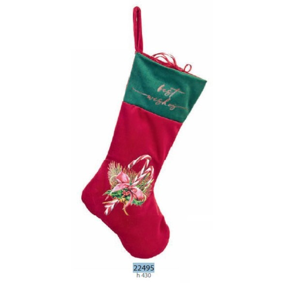 Calza della Befana in velluto Rosso decorato Natalizio h 43 cm Confezione 12 set art 22495