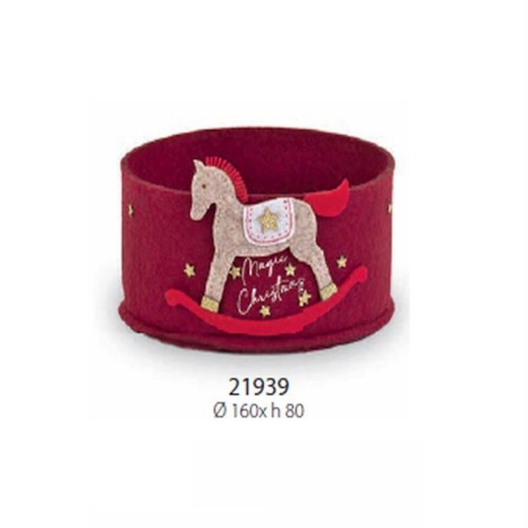 Cesto in FELTRO Rosso decorato cavalluccio a dondolo Natalizio D 16 x h 8 cm Confezione 12 pz art 21939