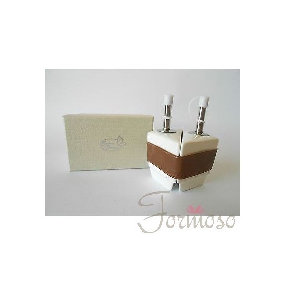 Set olio aceto in porcellana bianca inserto pelle marrone 70x100 mm art 02798