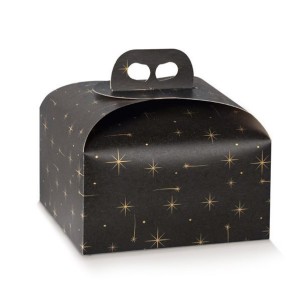 Scatola porta Panettone colore nero con stelle ORO mis. 24,5 x 24,5 x h 13 cm Confezione 50 pz Art 38907