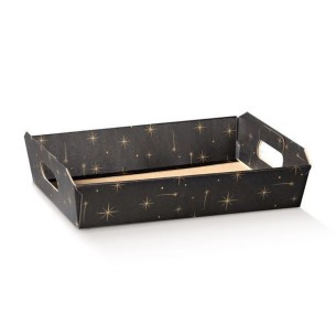 Cesto in cartone confezioni Natalizie colore nero con stelle ORO mis. 35 x 26 x h 7 cm Confezione 30 pz Art 38904