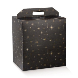 Scatola porta Panettone e Bottiglia colore nero con stelle ORO mis. 43 x 24 x h 34,5 cm Conf 30 pz art 38911