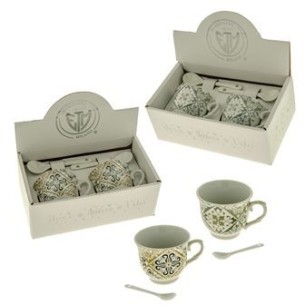 Bomboniera set tazzine da caffè in porcellana bianca con maiolica PONZA con scatola h 5,5 cm  Art 02A085