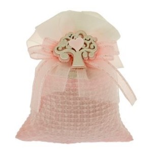 Bomboniera Sacchetto in tessuto Rosa con inserto albero della vita in Legno Battesimo Nascita 8 x h 10 cm  Confezione 12 pz art 