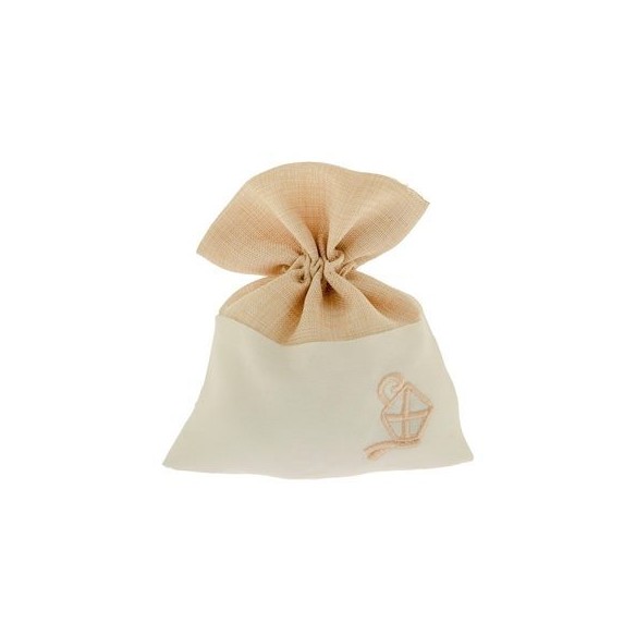 Bomboniera Sacchetto in tessuto Bianco e Beige con inserto Simbolo Cresima 10 x h 12 cm  Confezione 12 pz art C2481