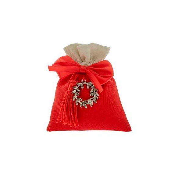 Bomboniera Sacchetto in tessuto ROSSO con inserto corona alloro LAUREA 10 x h 12 cm Confezione 12 pz art C2595