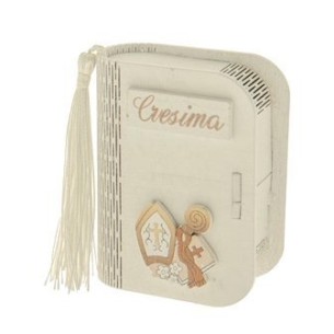 Bomboniera Libro in Legno Bianco porta confetti con simbolo Cresima 6 x 8 cm confezione 6 pz art SC622