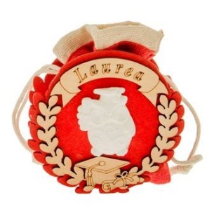 Bomboniera sacchetto porta confetti Tessuto e Legno Rosso con Gufo in gesso H 8 cm confezione 6 pz art SC631