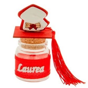 Bomboniera Barattolo vetro confetti con inserto Cappello TOCCO Laurea Rosso h 10 cm Confezione 12 pz art SC634