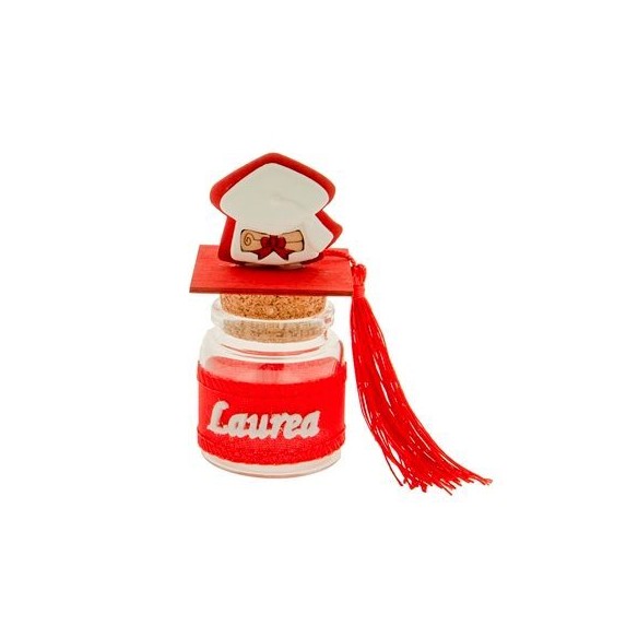 Bomboniera Barattolo vetro confetti con inserto Cappello TOCCO Laurea Rosso h 10 cm Confezione 12 pz art SC634