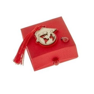 Bomboniera Scatola confetti in rosso con inserto Mappamondo Tocco Laurea legno 7 x 7 cm Confezione 12 pz art SC638