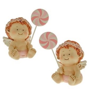 Bomboniera decorazione Angelo seduto con GIRELLA ROSA in resina Battesimo Nascita h 14 cm Set 2 pz art 04A180