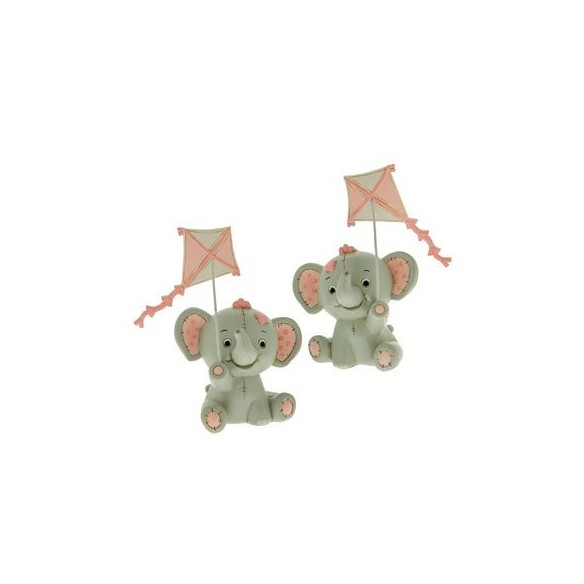 Bomboniera decorazione  Elefante in resina ROSA con Aquilone Battesimo Nascita h 8 cm Set 2 pz art 04A184