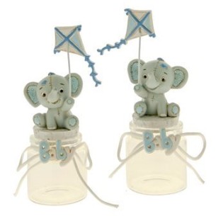 Bomboniera decorazione BARATTOLO Elefante in resina CELESTE con Aquilone Battesimo Nascita h 14 cm Set 2 pz art 04A185