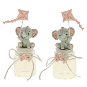 Bomboniera decorazione BARATTOLO Elefante in resina ROSA con Aquilone Battesimo Nascita h 14 cm Set 2 pz art 04A186