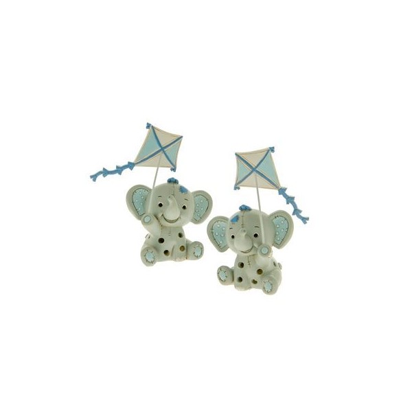 Bomboniera decorazione Elefante in resina CELESTE con Aquilone e LED luminoso Battesimo Nascita h 14 cm Set 2 pz art 04A187