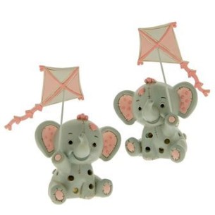 Bomboniera decorazione Elefante in resina ROSA con Aquilone e LED luminoso Battesimo Nascita h 14 cm Set 2 pz art 04A188