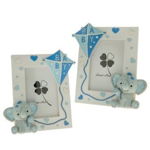 Bomboniera decorazione Porta Foto in resina con inserto Elefante con Aquilone CELESTE Battesimo Nascita 18xh 20 cm Set 2 pz art 