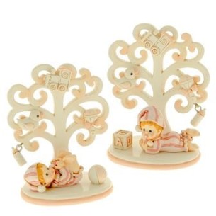 Bomboniera decorazione Albero della Vita bimbo Bebè pigiamino in resina ROSA Battesimo Nascita h 10 cm Set 2 pz art 04A200