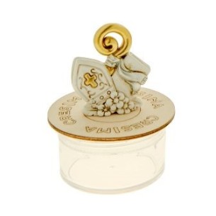 Bomboniera decorazione Scatola plexiglass tonda con tappo legno simbolo CRESIMA h 8 cm confezione 1 pz art 04A211