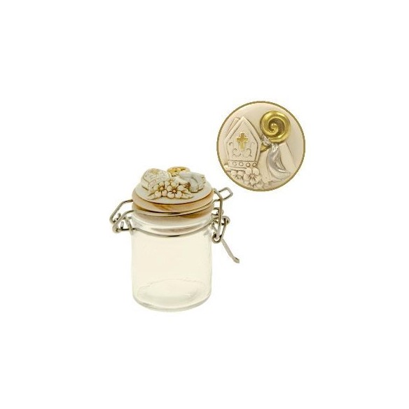 Bomboniera decorazione Barattolo tondo vetro con tappo ermetico e simbolo CRESIMA h 8 cm art 04A214