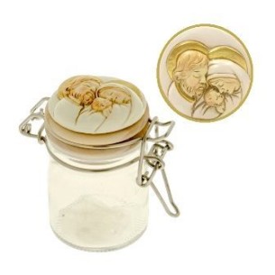 Bomboniera decorazione Barattolo tondo vetro con tappo ermetico e simbolo SACRA FAMIGLIA h 8 cm art 04A212