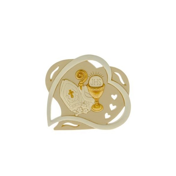 Bomboniera icona in resina a forma di Cuore simboli CRESIMA e COMUNIONE h 8 cm art 04A237