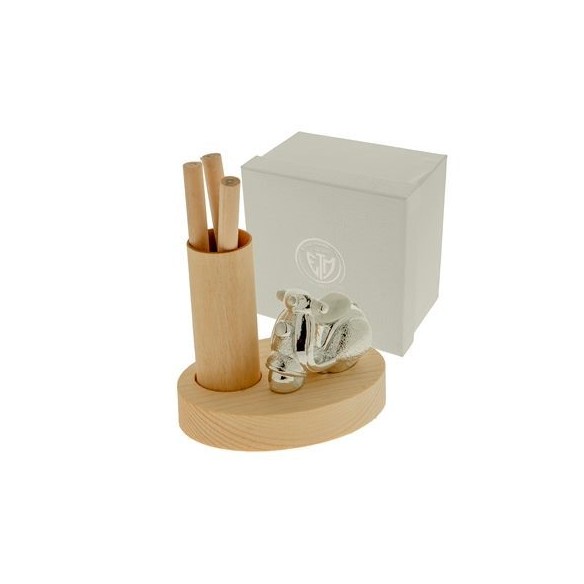 Bomboniera porta matita in Legno inserto Vespa resina Argentata 8 x h 10 cm con scatola art 04A294