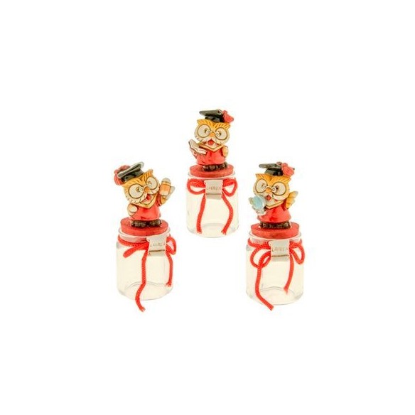 Bomboniera decorazione Barattolo Vetro Gufo LAUREA in resina ROSSO h 11 cm Confezione 3 pz art 04A299