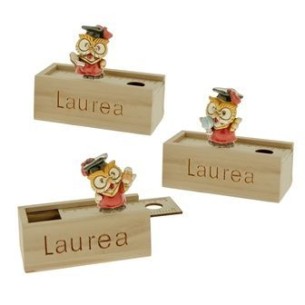 Bomboniera Scatola legno con Righello ed inserto Gufo LAUREA in resina ROSSO 11 x h 8 cm Confezione 3 pz art 04A300