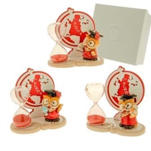 Bomboniera Clessidra con inserto Gufo e albero della vita LAUREA in resina Legno ROSSO 11 x h 8 cm con scatola Confezione 3 pz a