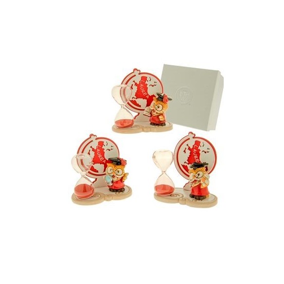 Bomboniera Clessidra con inserto Gufo e albero della vita LAUREA in resina Legno ROSSO 11 x h 8 cm con scatola Confezione 3 pz a