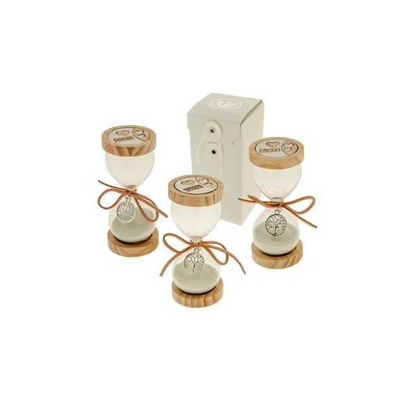 Bomboniera Clessidra legno Vetro con cuori scritte ciondolo albero Vita h 11 cm con scatola Set 3 pz art 07A060