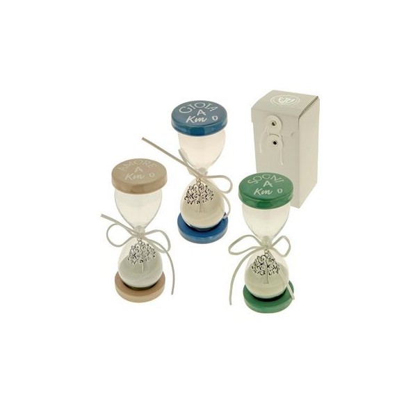 Bomboniera Clessidra legno Vetro con scritte ciondolo albero Vita h 13 cm con scatola Set 3 pz art 07A063