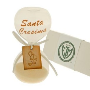 Bomboniera Clessidra Vetro inserto Legno con scritta e Simbolo CRESIMA h 10 cm con scatola art 07A069