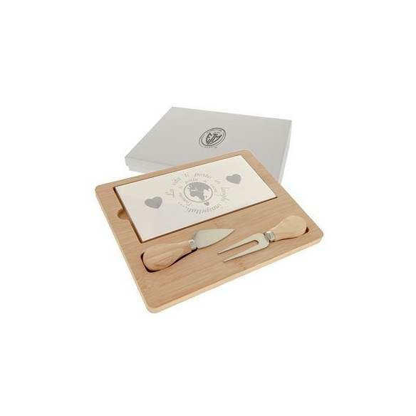 Bomboniera Set Formaggio in Legno e Ceramica coltello forchetta 25 x  20 cm con scatola art 08A083
