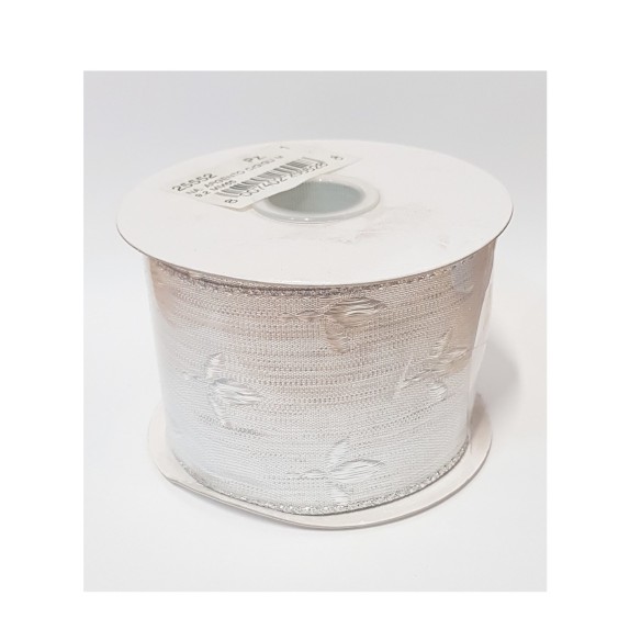 Nastro Tessuto 6,5 cm rotolo bobina da 9,2 mt colore ARGENTO con fiore Gigli art 25552