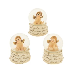 Bomboniera set 3 sfere con Angelo in resina Avorio e Oro Battesimo Nascita h 9 cm Art 04A056