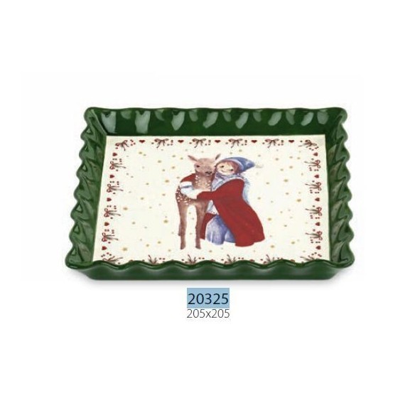 Bomboniera piattino quadrato in Ceramica Bianca e verde disegni Natalizi 20,5 x 20,5 cm confezione 4 set Art 20325