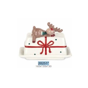 Bomboniera scatola porta burro in Ceramica Bianca inserto Renna D 16,5 x 13 x h 13 cm confezione 3 pz Art 20251