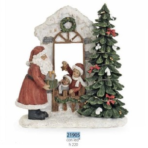 Decorazione Babbo Natale in poli resina casa e albero con Led h 22 cm confezione 1 pz Art 21905