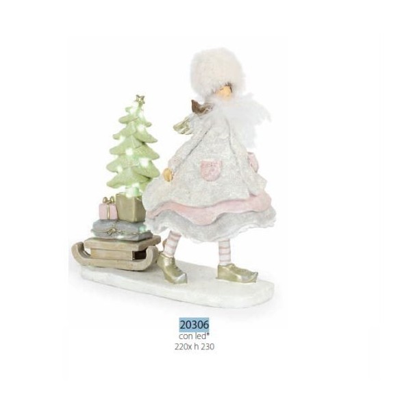 Decorazione Angelo con Slitta e regali in poli resina con Led luminoso 22 x h 23 cm confezione 1 pz Art 20306