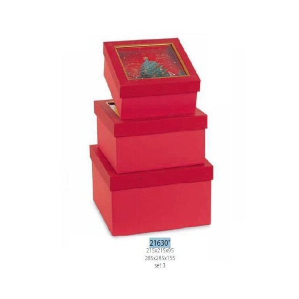 Set 3 Scatole per Decorazione rosse  con inserti Natalizi 21,5 x 21,5 x h 9,5 - 28,5 x 28,5 x h 15,5 cm confezione 2 set Art 216