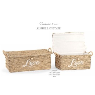 set 2 cesti in alghe e Cotone colore marrone e bianco scritta LOVE  Allestimento Wedding matrimonio 44 x 27 x h 21 / 56 x 35 x h