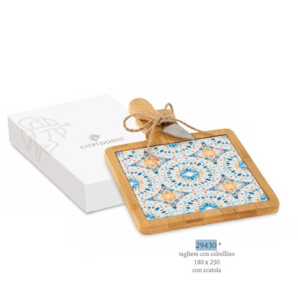 Bomboniera Matrimonio tagliere stile MAROCCO con coltello in ceramica e bamboo  con scatola 18 x 30 cm  art 29430