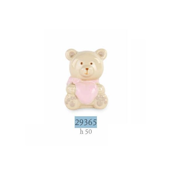 Bomboniera Orsetto in porcellana con inserto cuore Rosa Battesimo Nascita h 5 cm art 29365