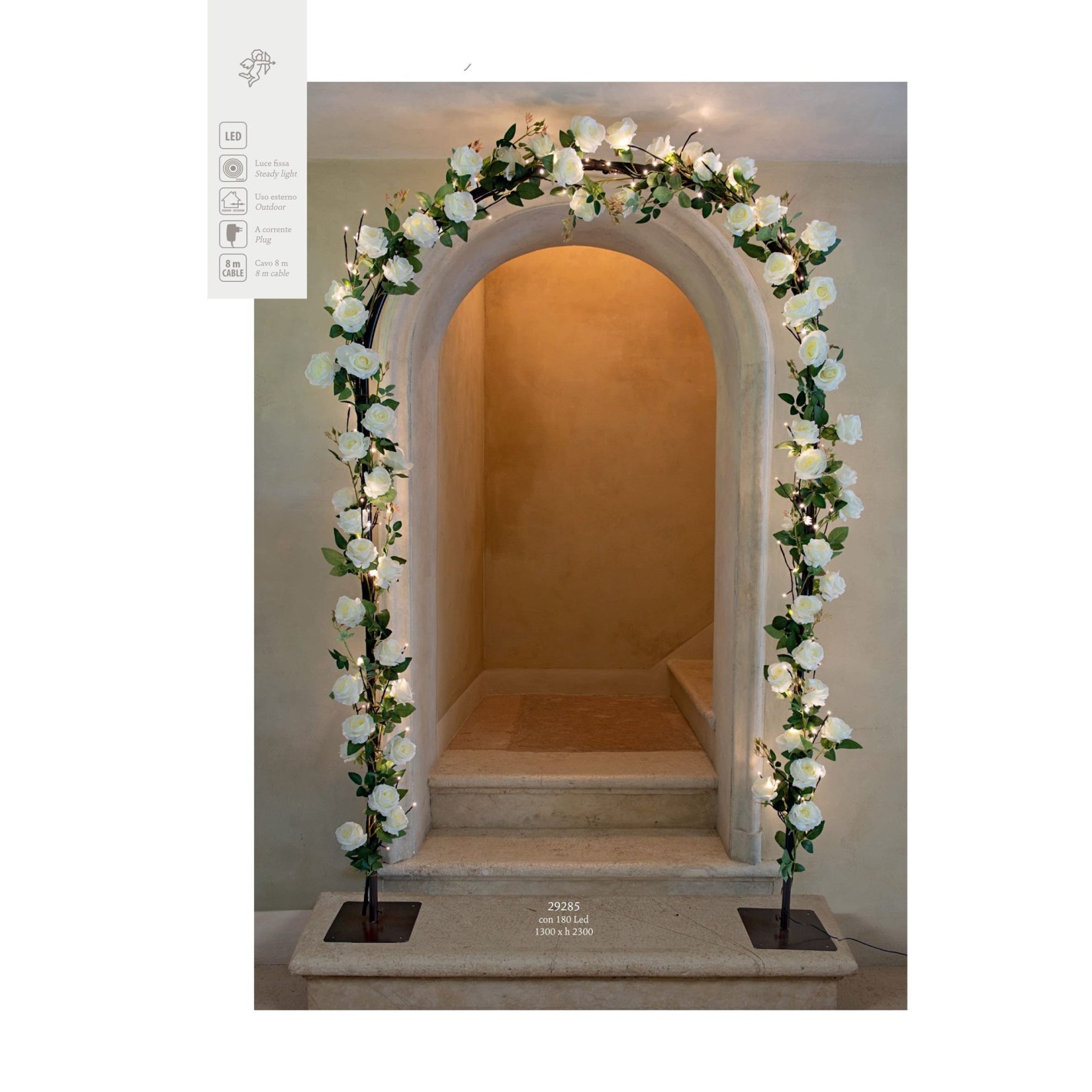 Decorazione arco fiori ROSE finte colore bianco con 180 LED Allestimento  Wedding matrimonio 130 x h 230 cm art 29285