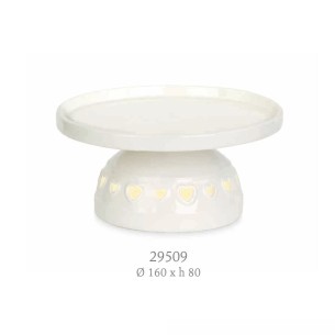 Alzata Porta dolci biscotti tonda in ceramica bianca inserto cuori  e LED Matrimonio wedding D 16 x h 8 cm art 29509