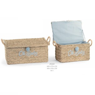 set 2 cesti in alghe e Cotone colore marrone e CELESTE scritta OH BABY Allestimento Wedding matrimonio 44 x 27 x h 21 / 56 x 35 