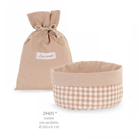Bomboniera Decorazione Cestino e Sacchetto in Tessuto Beige D 22 x h 11 cm Confettata Wedding confezione art 29405